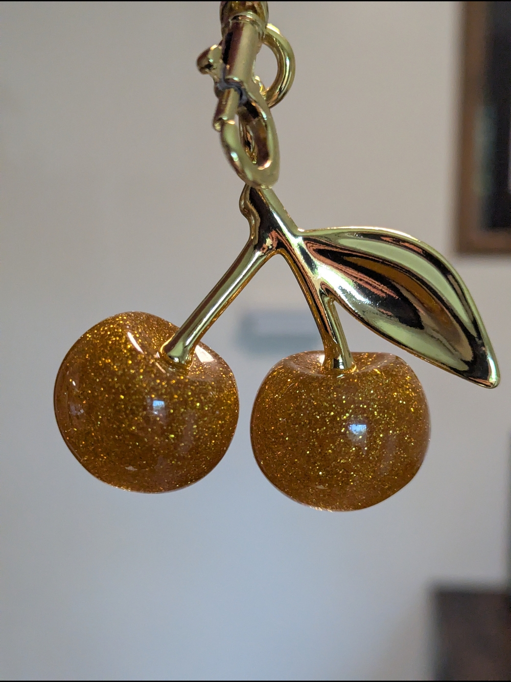 Gold Yellow Glitter Cherry Bag Charm NWOT
